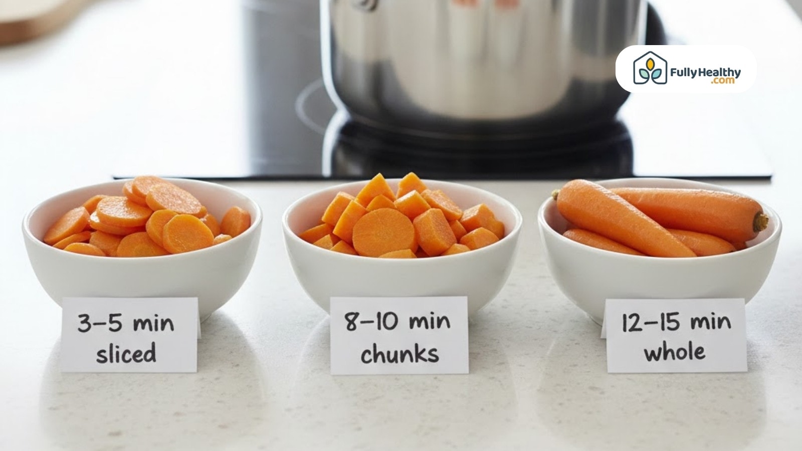 Bowls showing carrot cooking times for sliced, chunked, and whole carrots