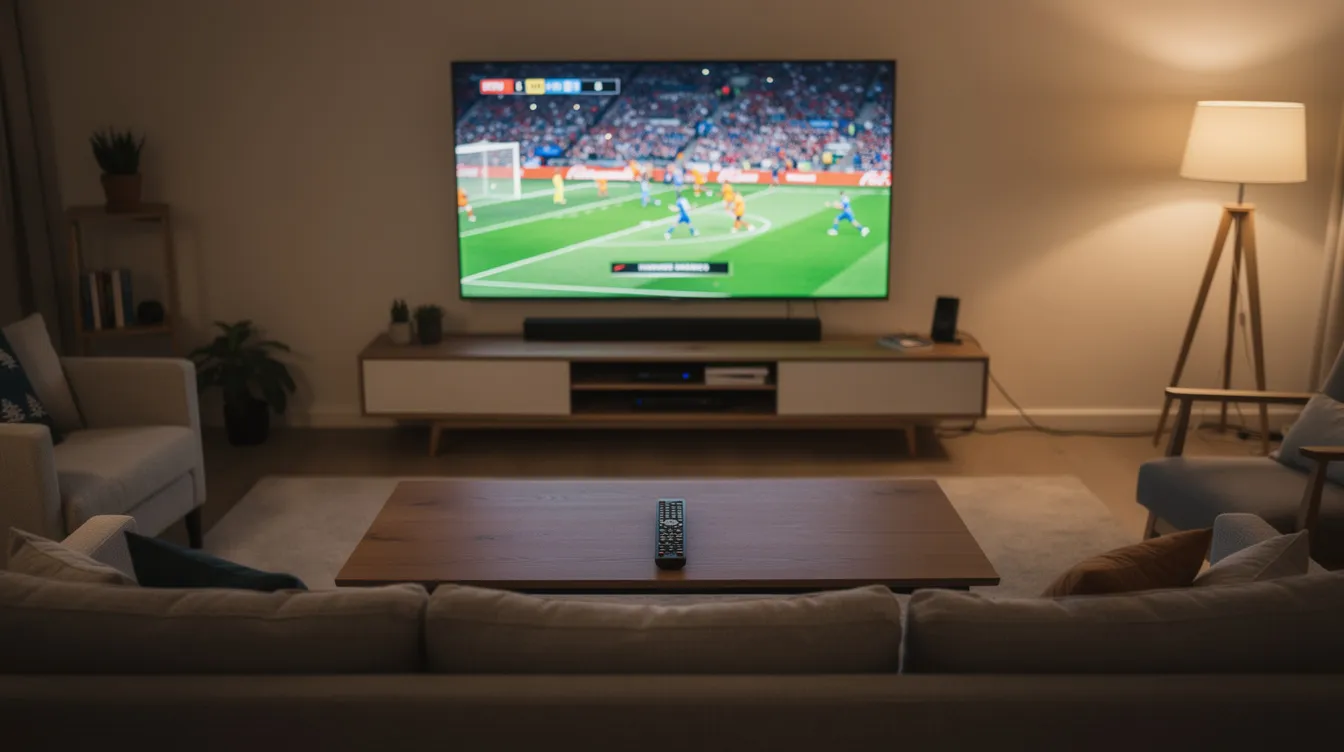The image depicts a cozy living room featuring a large flat screen TV that showcases a vibrant sports broadcast, perfect for sports fans. A remote control rests on a coffee table, suggesting easy access to live TV channels and streaming services like IPTV for an enhanced viewing experience.