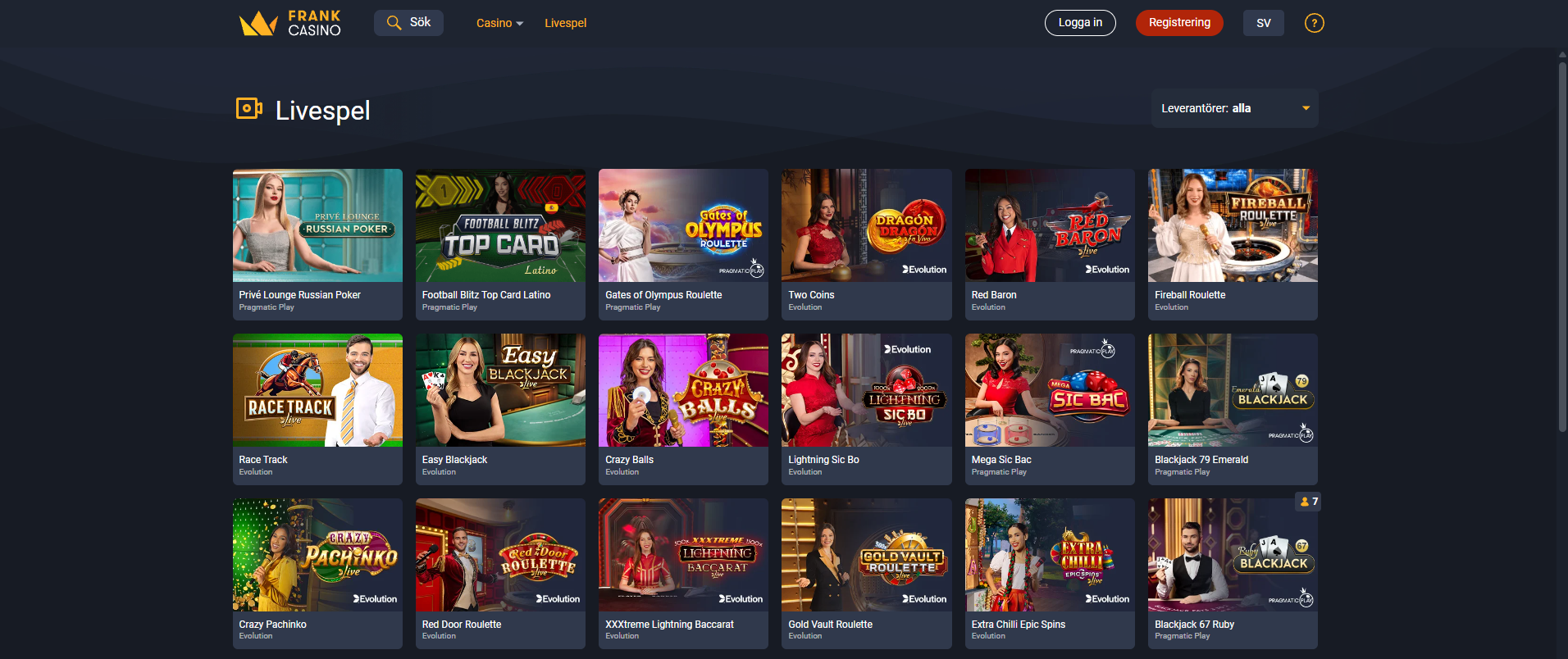 Frank Casinos livespel med roulette, blackjack, baccarat och andra live casinospel.