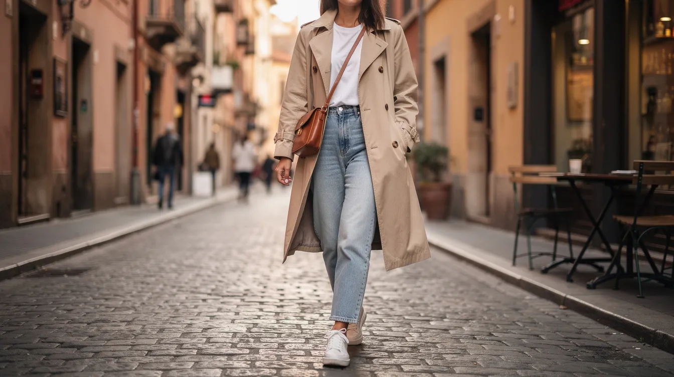 Eine Frau spaziert lässig durch eine europäische Altstadt und trägt dabei weiße Court-Sneaker von Adidas. Die urbanen Straßen sind von historischen Gebäuden gesäumt, während sie mit ihrem modischen Outfit einen eleganten und komfortablen Eindruck hinterlässt.