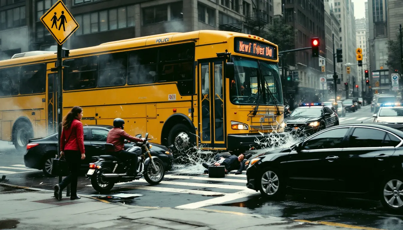 A city bus navigating through a busy intersection, illustrating common causes of bus accidents.