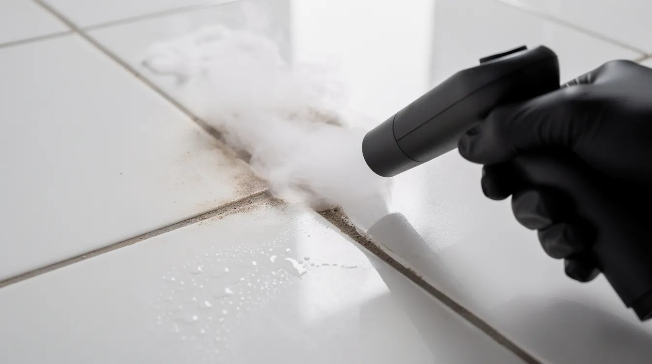 A steam cleaner is actively being used on bathroom tile grout, with visible steam rising as it effectively tackles dirt and grime. This professional cleaning process ensures a thorough clean, making the tiles sparkle and enhancing the overall cleanliness of the living space.