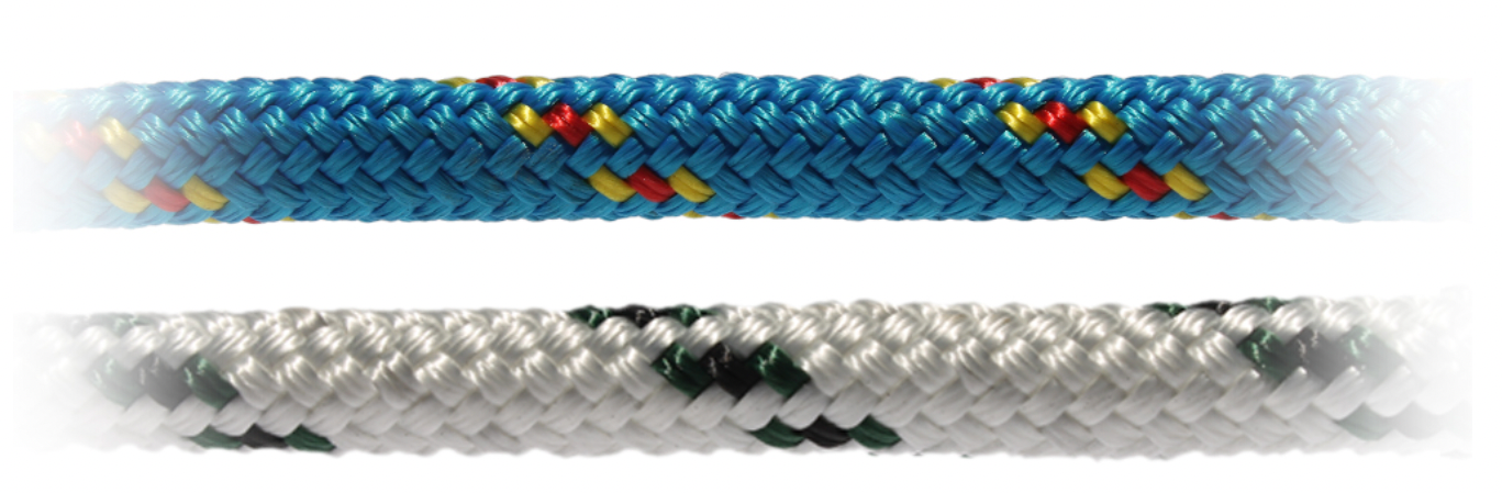 Austral Rope & Cordage Polyester Ropes in the colors blue with red and yellow patterns and white with green and black patterns.