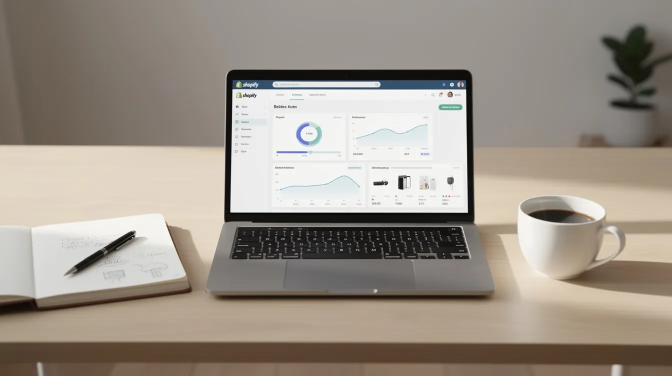 The image depicts a clean desk setup featuring a laptop displaying a Shopify store dashboard, a notebook, and a coffee cup. This organized workspace is ideal for Shopify users looking to manage their online store effectively, showcasing the importance of a great Shopify theme for enhancing brand identity and user experience.