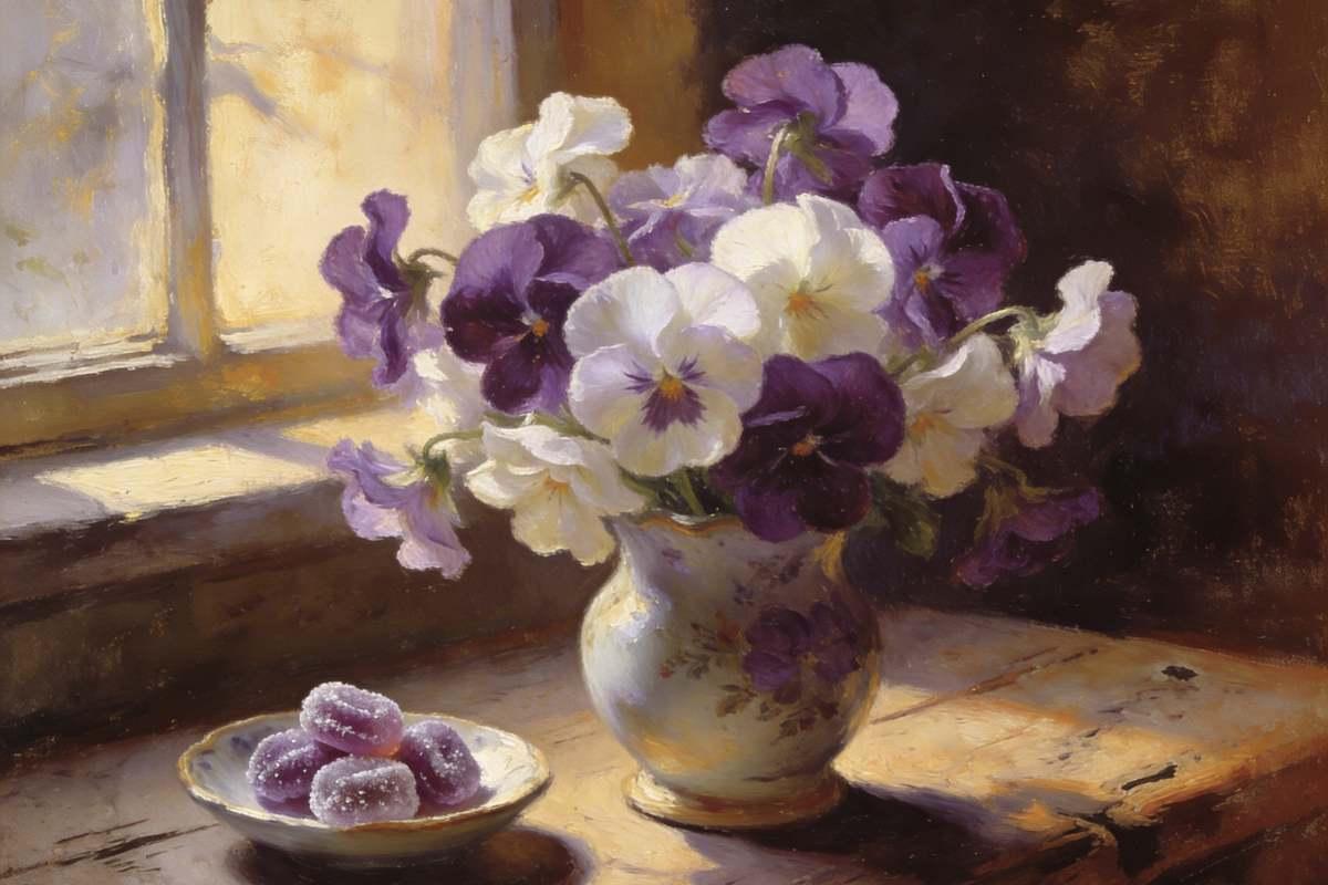 Purple and white violets in a vintage porcelain vase with candied violets — Victorian floral still life