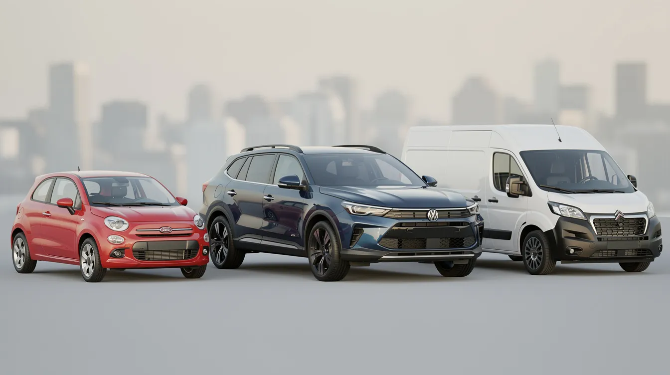 طوموبيل صغيرة، SUV وسيارة نفعية واقفين جنب بعضياتهم.