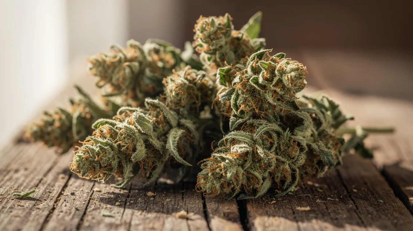 A close-up photograph showcases dried hemp flower buds beautifully arranged on a rustic wooden surface, illuminated by soft natural lighting. This image highlights the natural state of hemp derived products, which are subject to various legal implications and regulations in New Jersey, particularly concerning their use in medical marijuana programs.