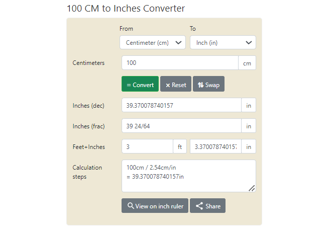 Rapid Tables: 100 CM to Inches Converter