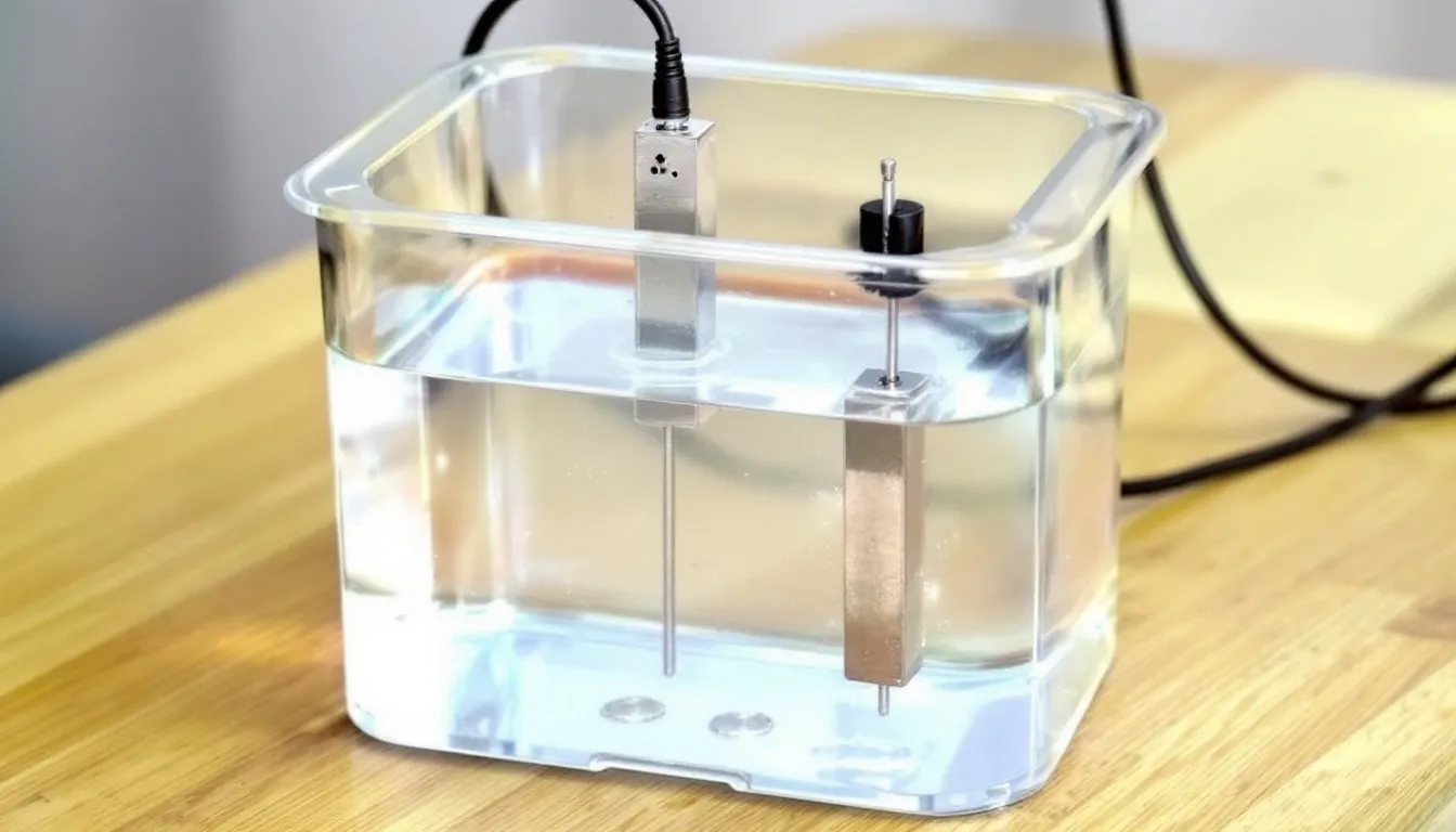 Das Bild zeigt einen Kolloidgenerator, der für die heimische Herstellung von kolloidalem Silberwasser konzipiert ist. Der Generator ist aus robustem Material gefertigt und bietet Informationen zur Herstellung von Silberpartikeln in Apothekenqualität für verschiedene Anwendungen, einschließlich der Nutzung als Heilmittel.