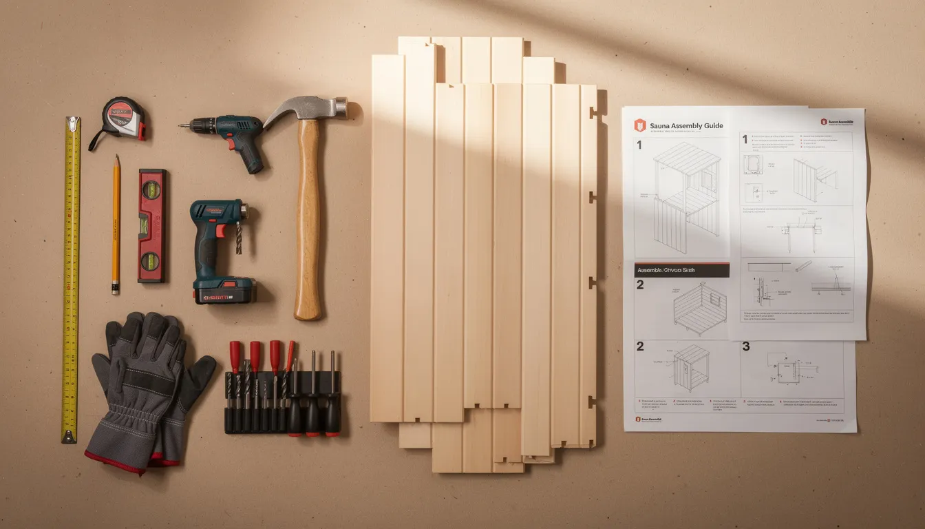 The image displays a variety of carpentry tools arranged alongside pre-cut sauna panels and assembly instructions, highlighting the essentials for building a custom sauna. This setup emphasizes the DIY sauna kit approach, showcasing the tools needed for a hands-on project to create your own sauna room.