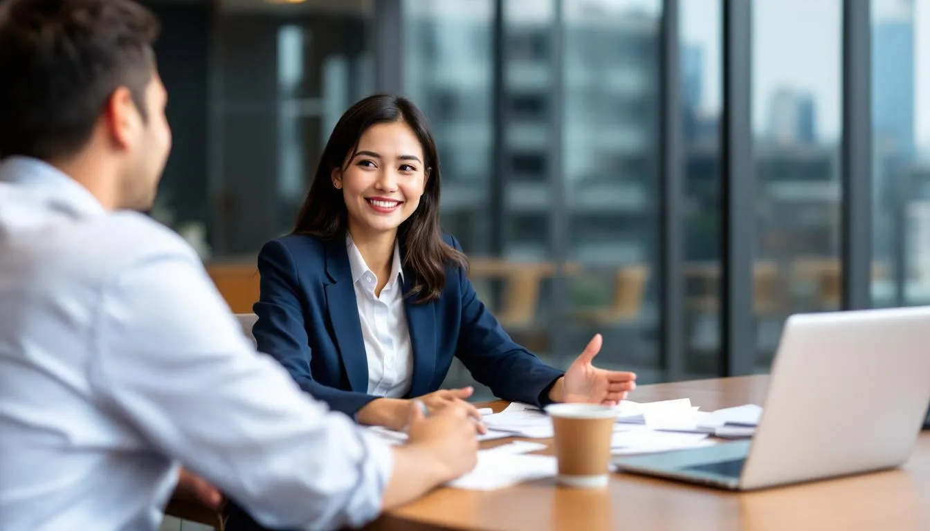 A Southeast Asian businesswoman is engaged in a cheerful meeting with a supplier, discussing ways to strengthen vendor relationships and enhance customer experience through strategic partnerships. Both parties appear enthusiastic about turning vendors into partners for mutual success.