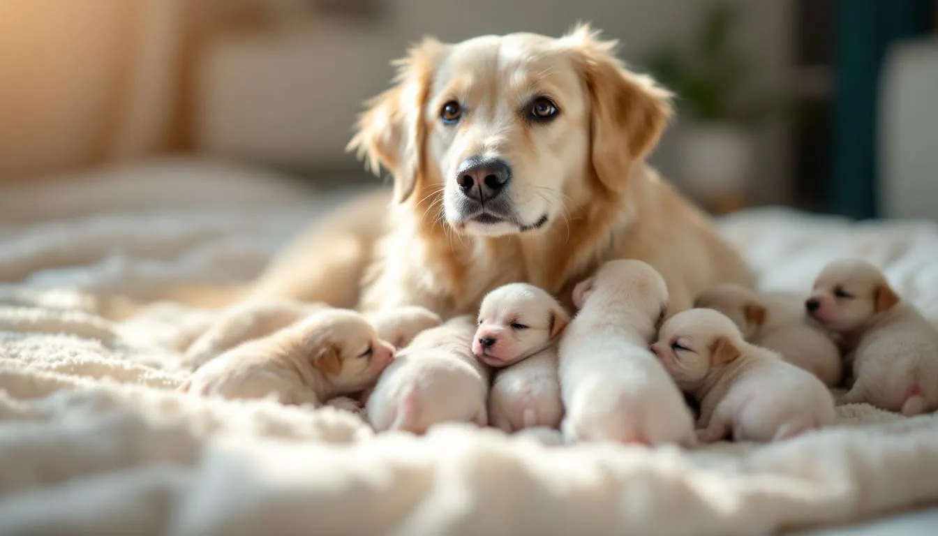 A healthy female dog is nursing her newborn puppies in a clean environment, showcasing her well-developed mammary glands, which are essential for providing milk. The scene highlights the bond between the mother and her puppies, emphasizing the importance of proper care to prevent conditions such as mastitis in dogs.