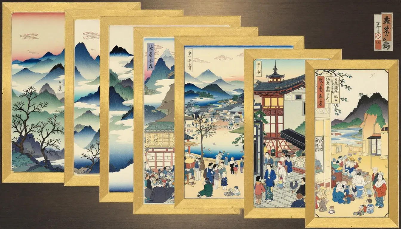 An array of colorful Japanese woodblock prints showcasing the evolution of color.
