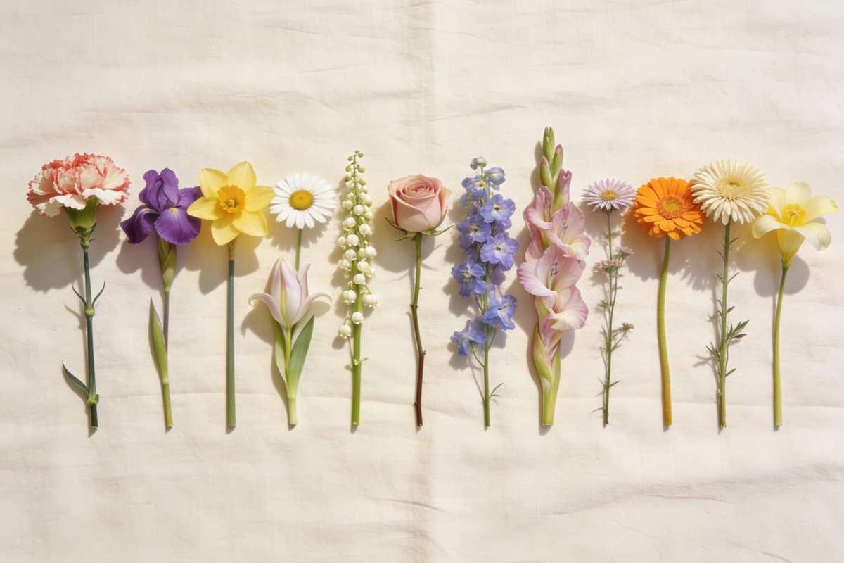 Twelve birth month flowers arranged in a row on linen — carnation through narcissus
