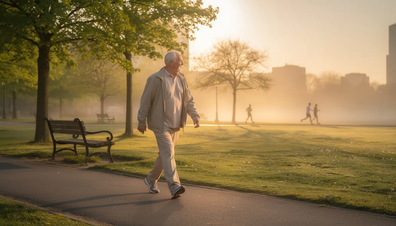 An older adult is seen enjoying a morning walk in a park, surrounded by lush greenery and trees, promoting healthy aging and physical fitness. This leisurely activity contributes to their overall well-being, enhancing muscle recovery and maintaining muscle mass through regular exercise.