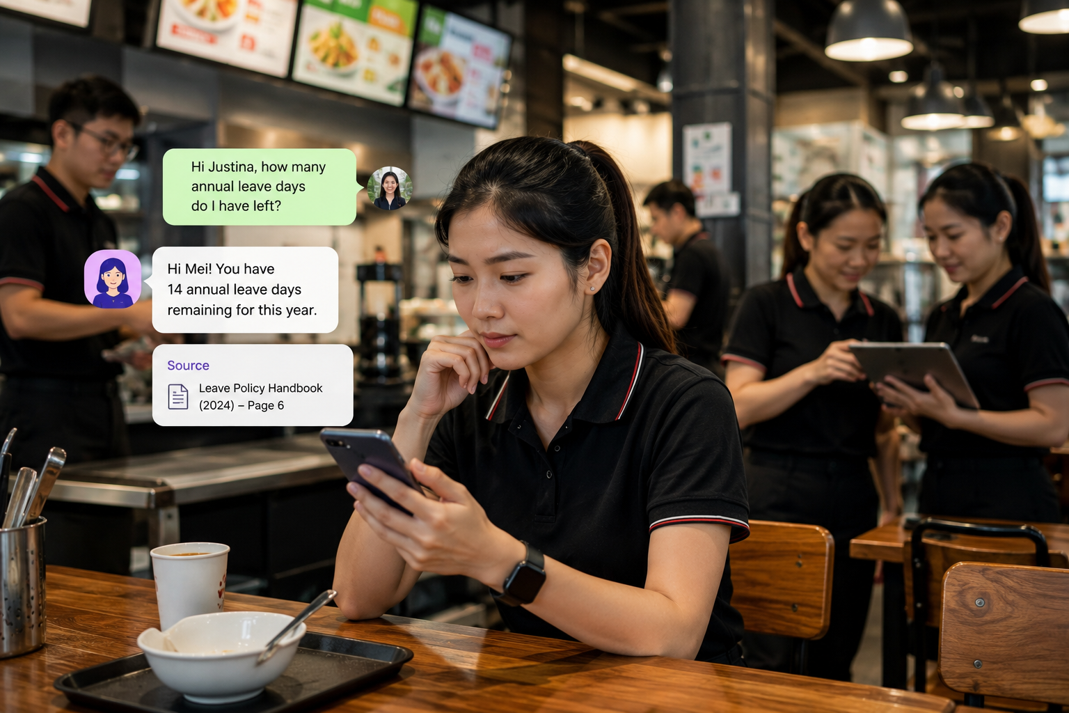 By connecting to a central knowledge base, Justina delivers consistent answers about company policies, personal details, leave requests, and other common employee questions.