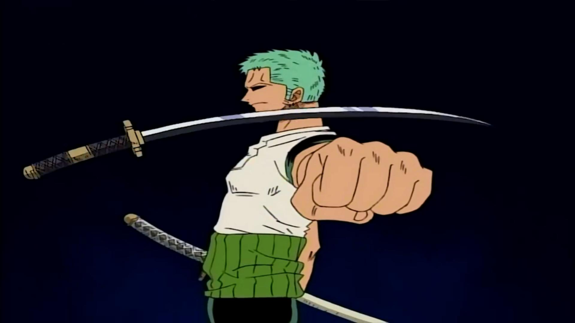 Zoro testing his luck against the curse of the sword