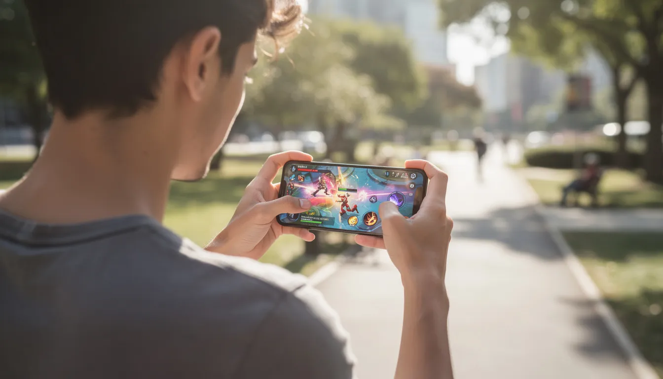 En person sitter utomhus och håller en smartphone medan de spelar ett mobilspel. Det är en avkopplande stund av gaming i naturen, där de njuter av spelet.