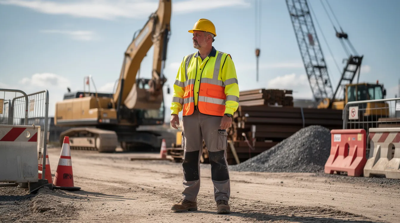 The image depicts a construction worker wearing a hard hat and safety vest at a busy worksite, surrounded by industrial equipment. This scene highlights the importance of workplace safety and the potential for workplace accidents, which may lead to workers compensation claims for injured workers in Colorado.