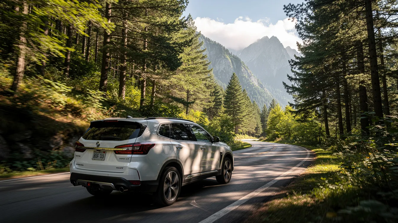 Een witte SUV op een kronkelende bergweg omzoomd door hoge cederbomen.