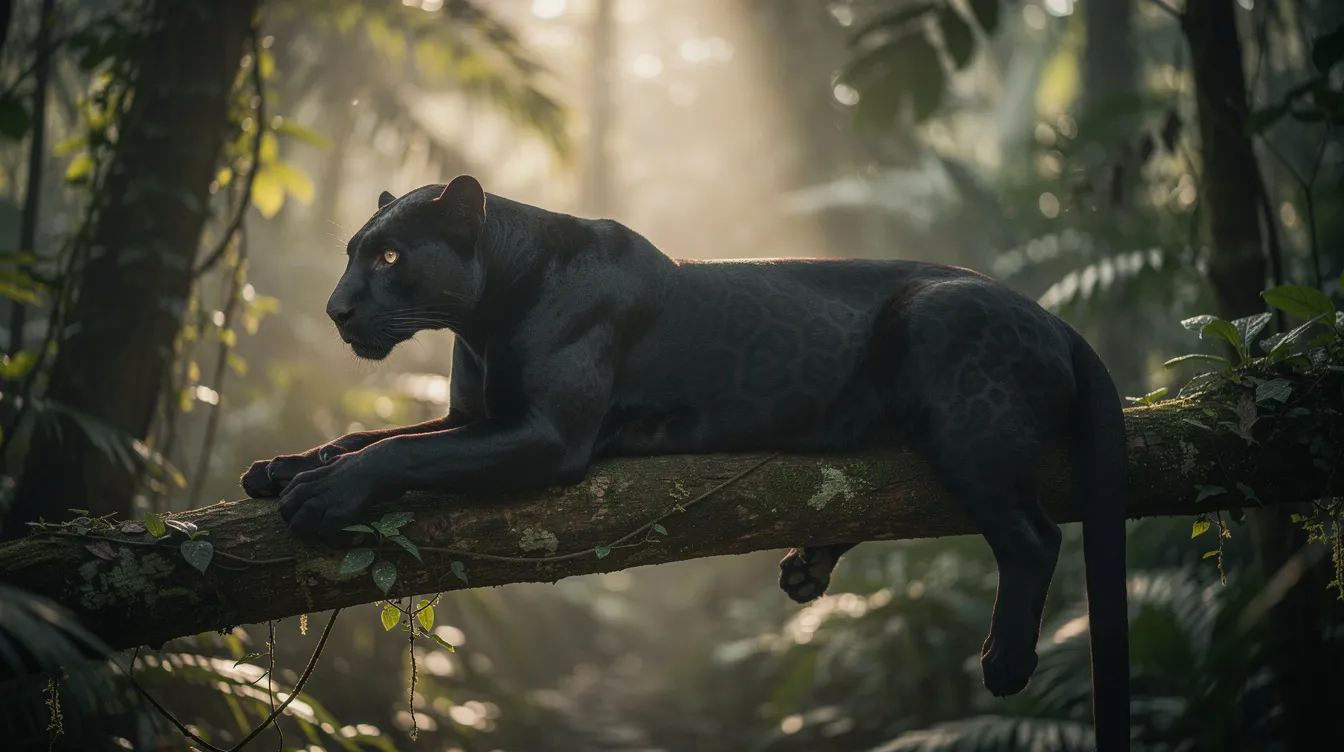 Ein schwarzer Panther, der möglicherweise ein melanistischer Jaguar oder Leopard ist, sitzt auf einem Ast in einem tropischen Regenwald. Bei schwachem Gegenlicht sind die charakteristischen Rosetten seines Fells leicht zu erkennen, was auf die Vielfalt der großen Katzenarten hinweist.