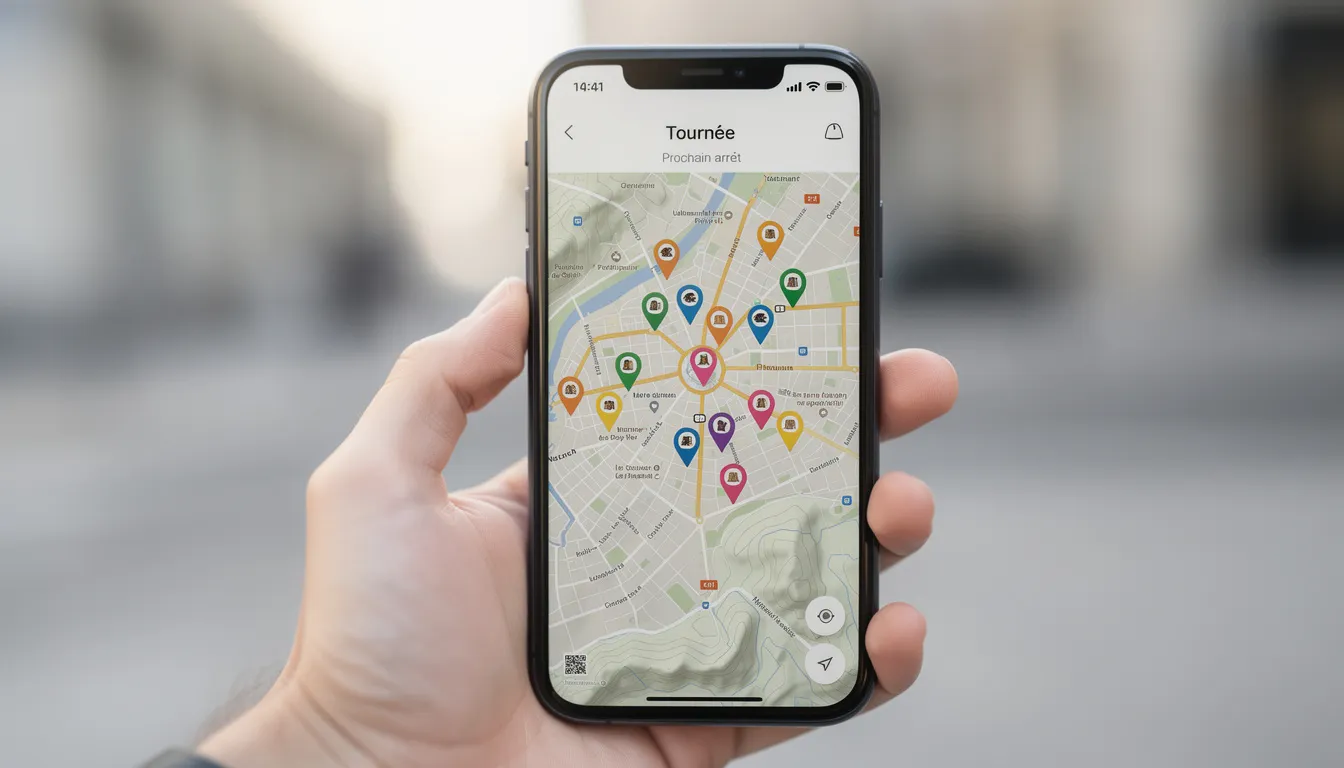 Une main tient un smartphone affichant une carte avec des points de localisation, représentant les différentes visites d'une tournée d'infirmière libérale. Cette application aide à organiser sa tournée en optimisant les déplacements et en tenant compte des besoins des patients.