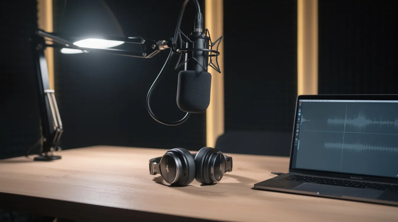 The image depicts a professional podcast studio featuring a condenser microphone, a laptop, and headphones neatly arranged on a clean desk, ideal for recording high-quality podcast episodes. This setup is perfect for podcasters looking to launch their shows and engage with their audience through various podcast hosting platforms. The image depicts a professional podcast studio featuring a condenser microphone, a laptop, and headphones neatly arranged on a clean desk, ideal for recording high-quality podcast episodes. This setup is perfect for podcasters looking to launch their shows and engage with their audience through various podcast hosting platforms.