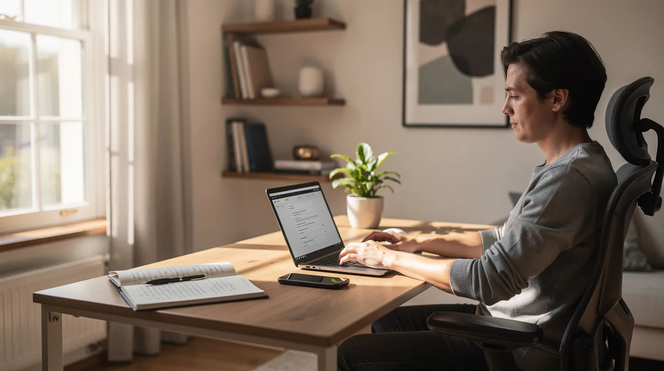 A person is focused on their laptop at a home office desk, illuminated by natural light streaming through a nearby window. This serene workspace reflects a productive environment, ideal for aspiring entrepreneurs to develop their business ideas and plans.