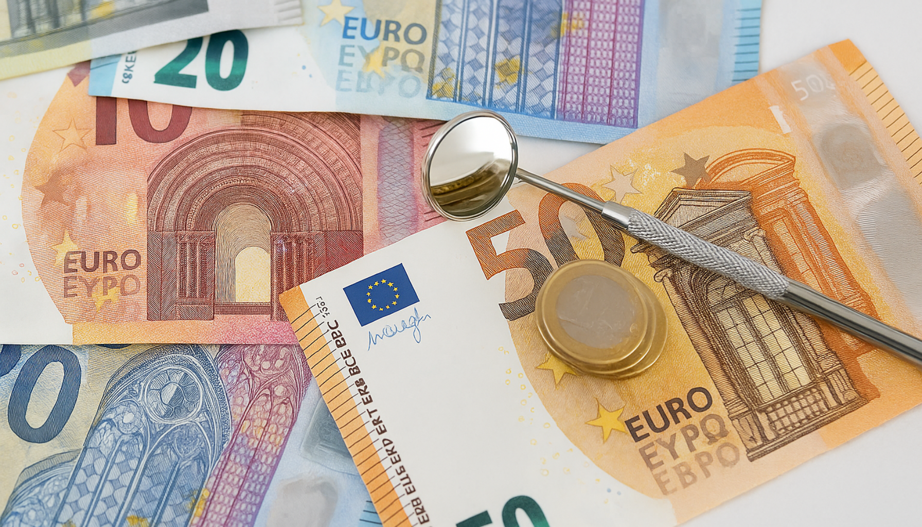 Euro-sedler og mynter med tannlegespeil som symboliserer kostnader for boring av hull i tenner.