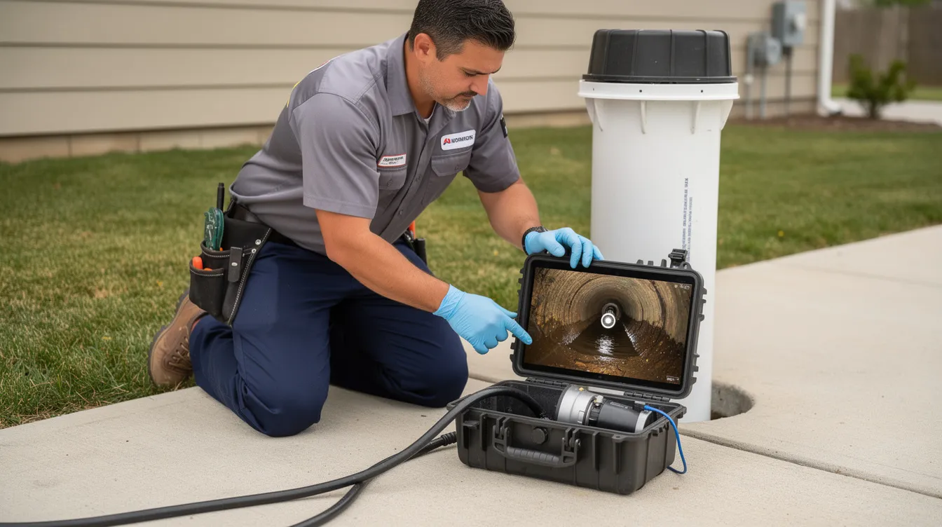A professional plumber kneels beside a residential cleanout, intently viewing a live sewer camera feed on a portable monitor, which helps identify potential sewer line issues such as tree root intrusion or pipe damage. This sewer camera inspection is crucial for diagnosing problems in the plumbing system and planning necessary sewer repair services.