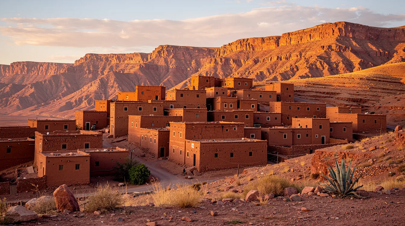 The image depicts an ancient mud-brick village nestled in southern Morocco, with the majestic Atlas Mountains rising in the background. This picturesque scene captures the essence of Morocco's rich history and stunning landscapes, making it a perfect destination for Sahara Desert tours and cultural exploration.
