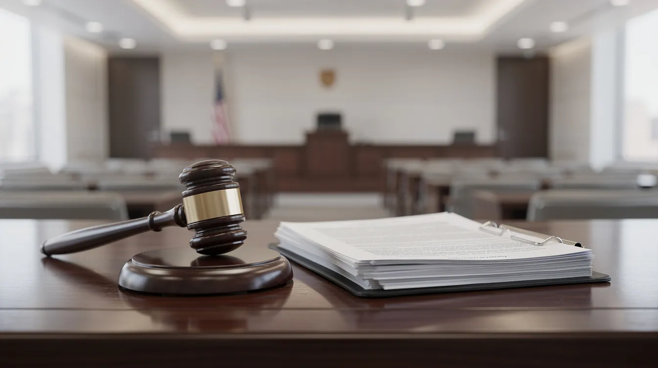 The image features a judge's gavel prominently resting on a desk, accompanied by legal documents in a modern courtroom setting. This scene reflects the serious nature of personal injury cases, where issues such as medical bills and lost wages are often central to the valuation process in California personal injury claims.
