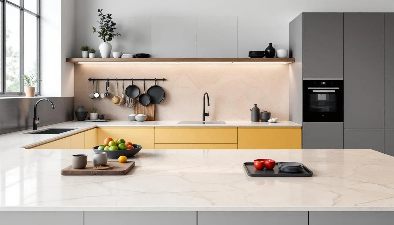 A colorful display of laminate worktops in various styles and colors.
