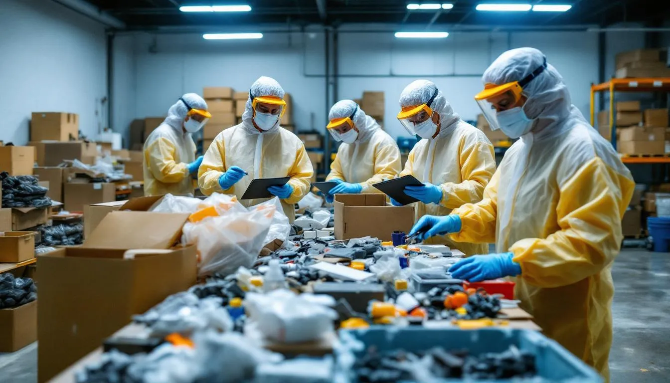 In the image, a professional cleanup team, equipped with protective gear, is meticulously sorting through a room filled with severe clutter, illustrating the process of a hoarding cleanup. Their careful organization reflects the hope and new beginnings that come with professional cleanup services, assisting families in reclaiming their living space.