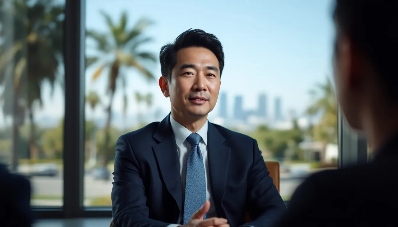 An experienced Asian male attorney in Gardena, California, is having a free consultation with a client against a scenic background. They are discussing legal services related to real estate, focusing on the best interests of property owners and tenants.