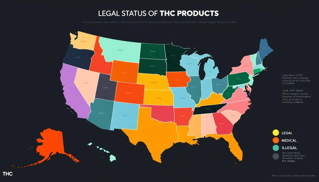Map showing the legal status of THC products across different states.