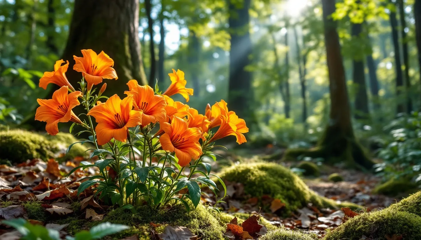 In a serene setting, bright orange bush lily flowers bloom vibrantly in dappled shade beneath trees, showcasing their rich colors and adding life to the spring garden. The flowers, with their sweet scent, attract butterflies and create a beautiful contrast against the light shade of the surrounding foliage.