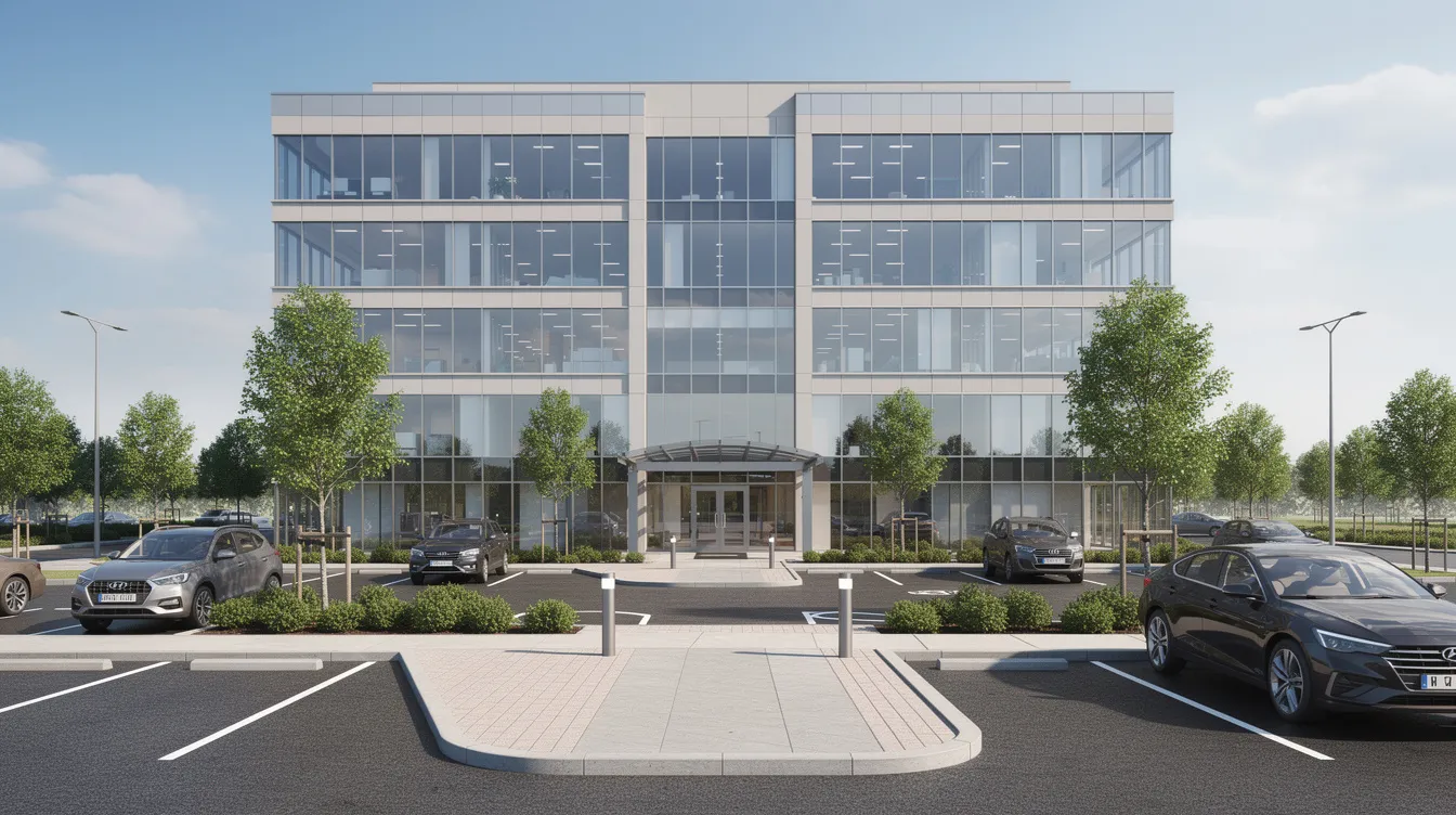 The image depicts a modern commercial office building with a well-maintained exterior, surrounded by a spacious parking lot. This property represents a valuable asset for real estate investors, offering potential tax savings through strategies like cost segregation analysis, which can maximize depreciation deductions and improve cash flow.