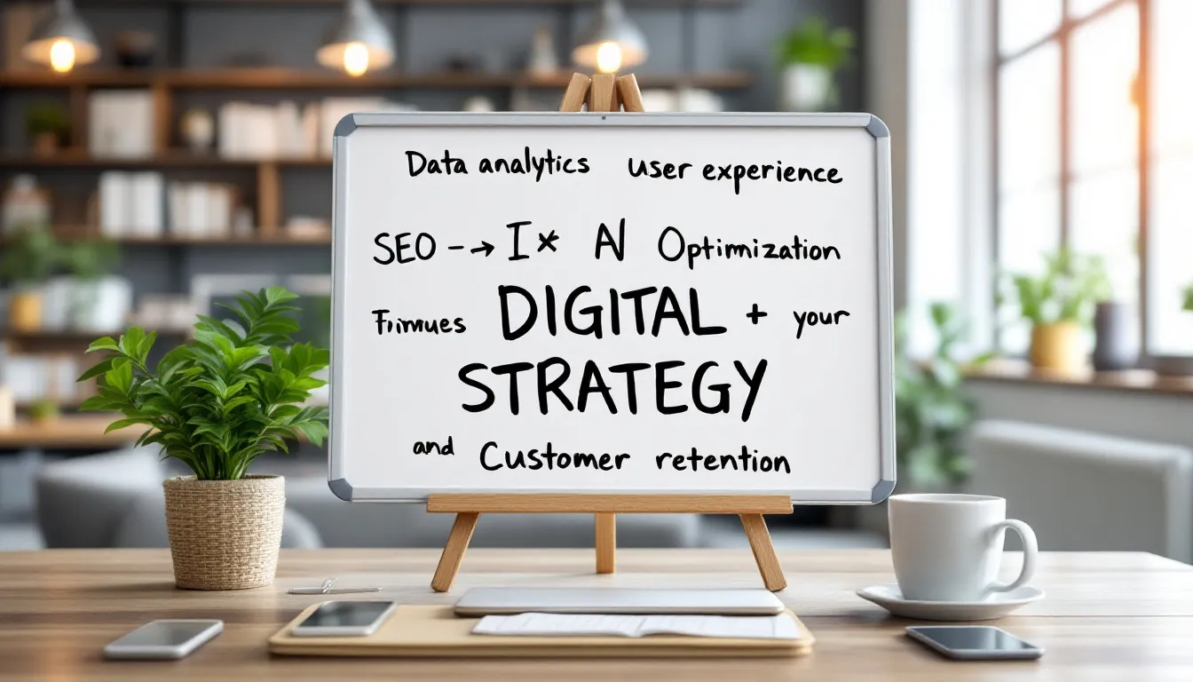The image illustrates the core components of a business digital strategy that drive results, featuring various digital technologies and tools essential for successful digital transformation initiatives. It highlights the importance of leveraging digital platforms and strategies to enhance customer experience and achieve business goals in an ever-evolving digital landscape.