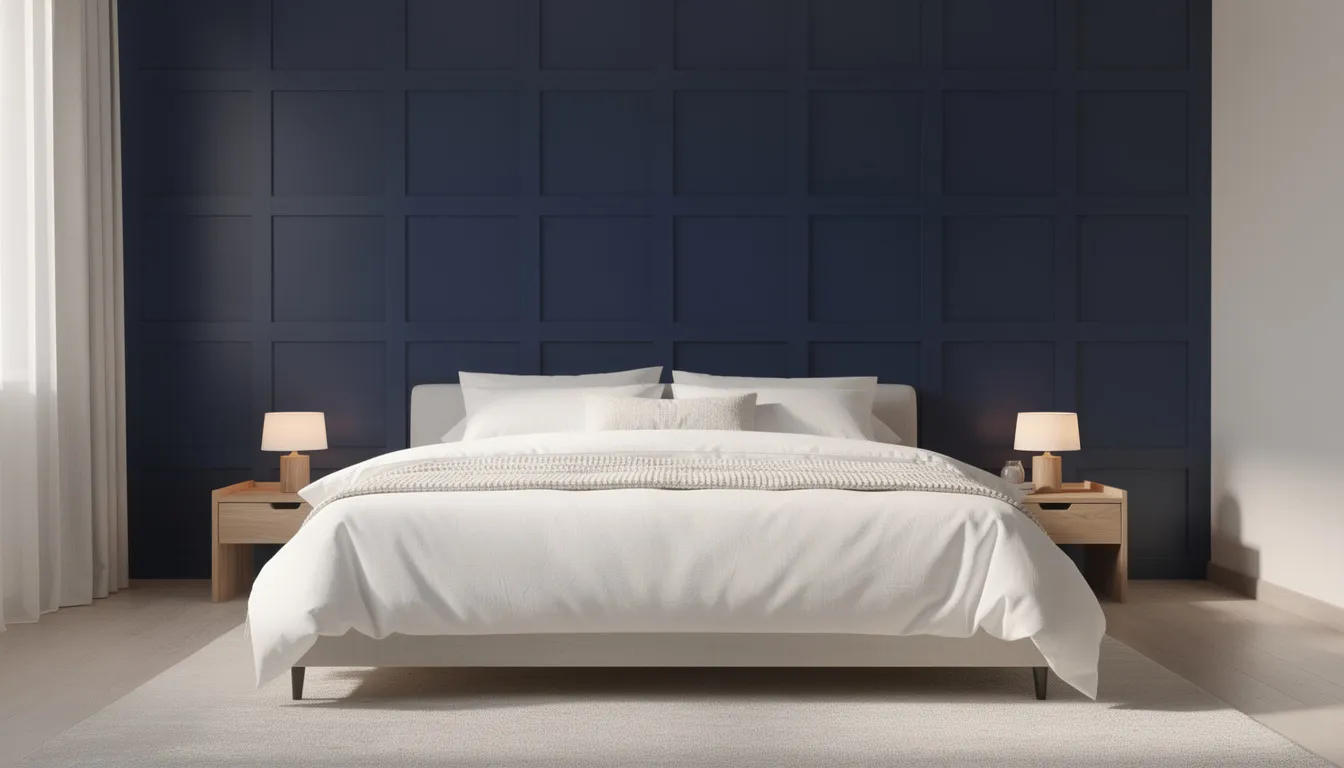 The image depicts a serene bedroom featuring geometric Shaker-style wall panelling painted in a deep blue hue, serving as a striking backdrop behind a neatly made bed adorned with crisp white bedding. This decorative feature adds visual interest and depth to the space, highlighting a blend of modern elegance and classic charm.
