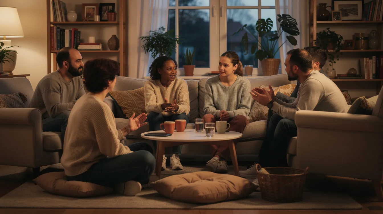 A small group of adults, including family caregivers and informal caregivers, sit in a comfortable circle in a living room, engaging in attentive conversation. They are likely discussing caregiving responsibilities and sharing emotional support, reflecting the essence of support groups for caregivers.