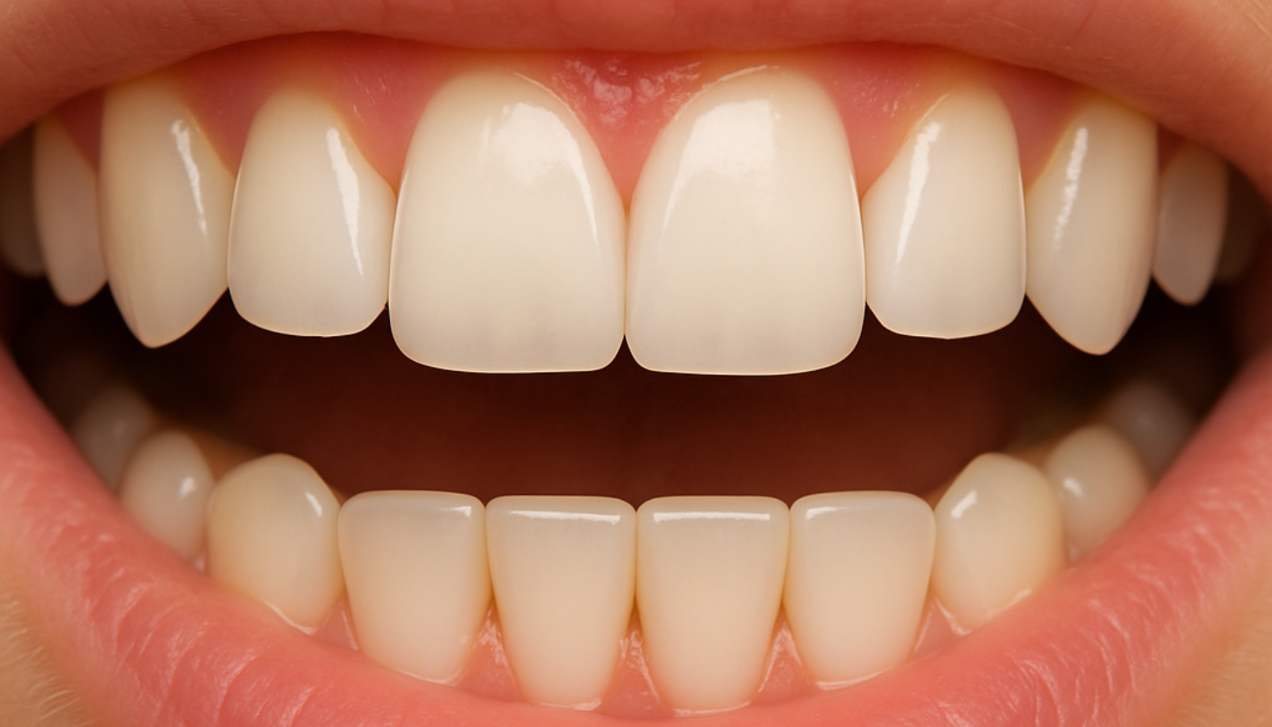 Fortenner – Betydning, funksjon og behandling av skader 18 Nærbilde av friske fortenner med synlige rosa tannkjøttkanter, uten tekst eller ord i bildet.