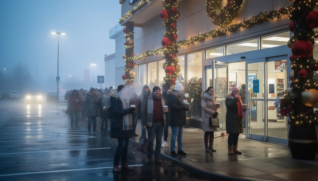 A line of early morning shoppers is gathered outside a retail store adorned with festive holiday decorations, eagerly waiting for the doors to open. The scene captures the excitement of the holiday shopping season in Collier County, Florida, as community members prepare for the upcoming festivities.