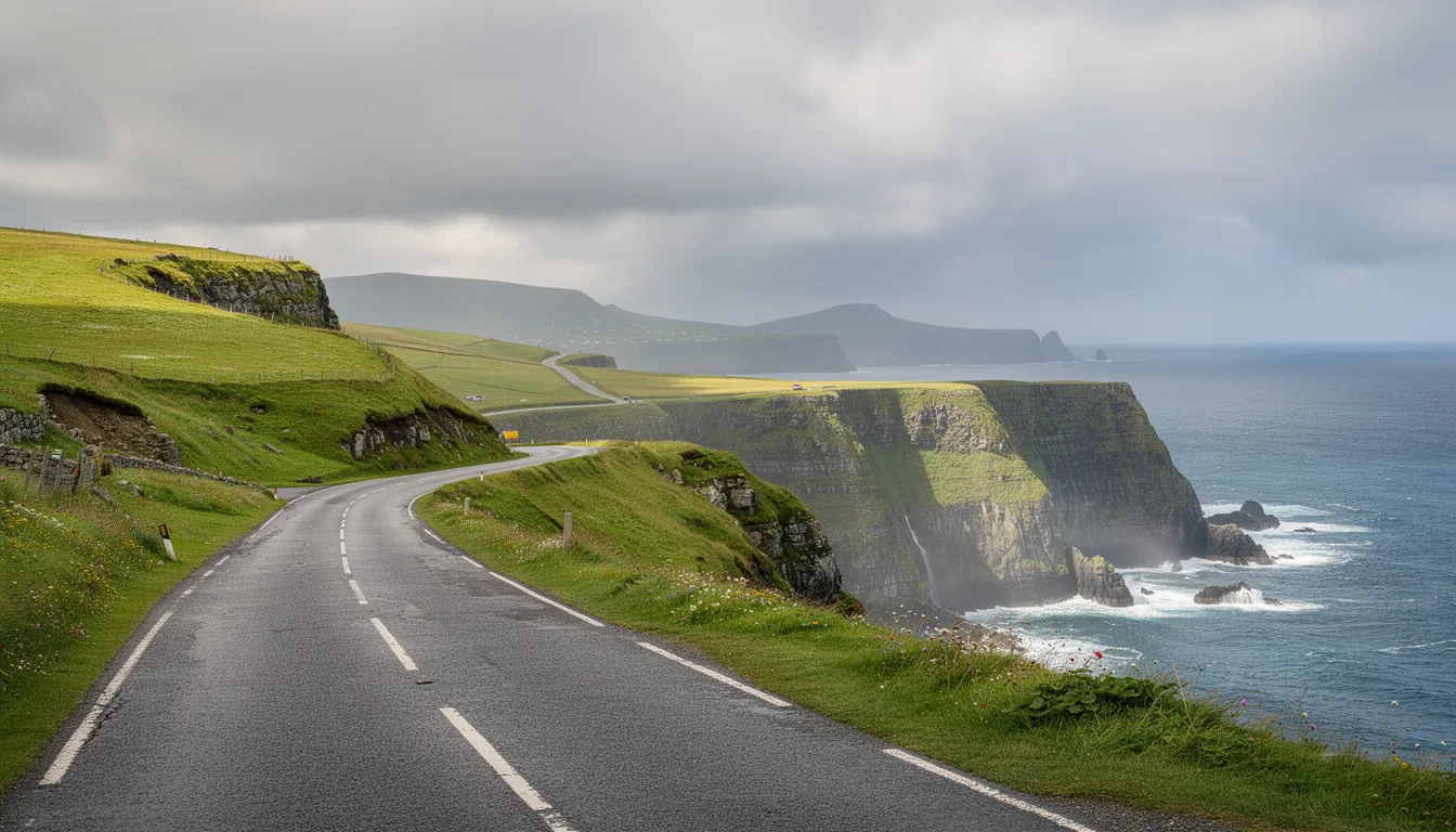 Une route côtière pittoresque en Irlande, bordée de falaises verdoyantes et offrant une vue imprenable sur l'océan Atlantique. Cette scène évoque un road trip sur la Wild Atlantic Way, parfait pour ceux qui souhaitent explorer les paysages irlandais.
