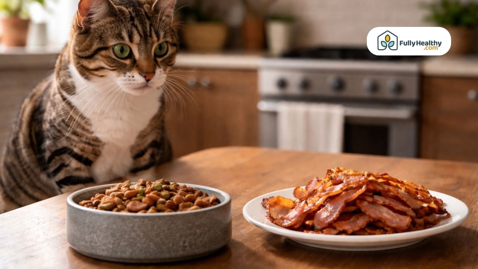 Domestic cat choosing bowl of cat food instead of bacon plate