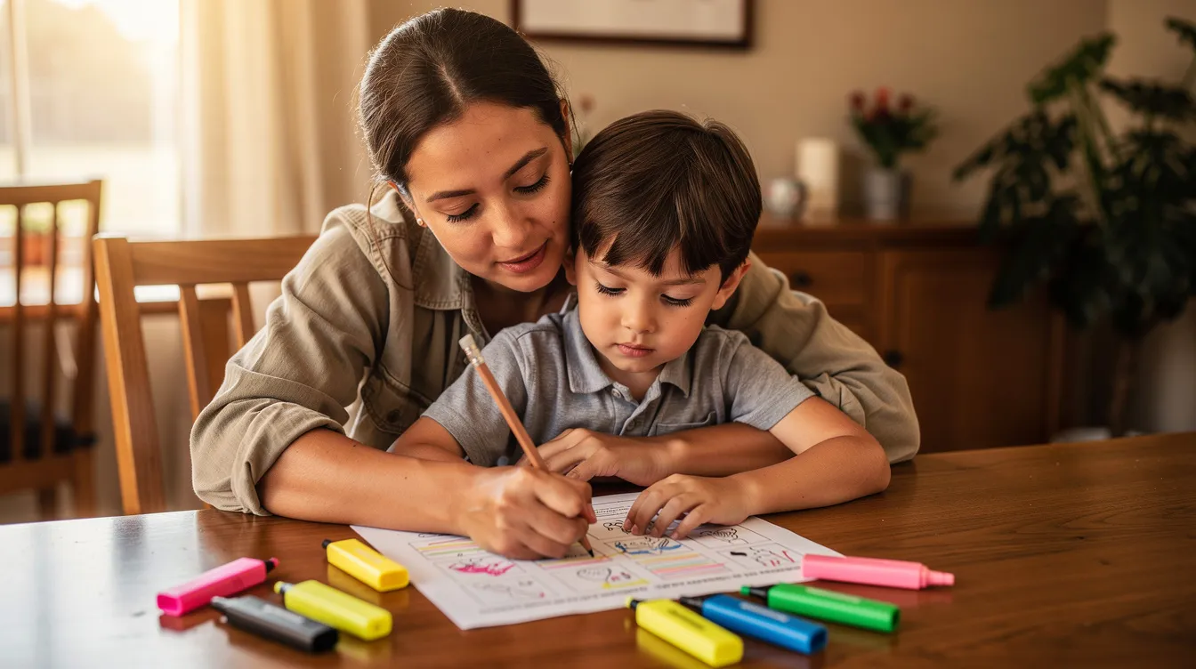 A parent and child are seated at a dining table, focused on a school worksheet, using colorful highlighters to enhance their reading comprehension and engagement with the task. This collaborative effort supports the child's ability to learn new knowledge and develop vocabulary as they work together to complete the assignment.