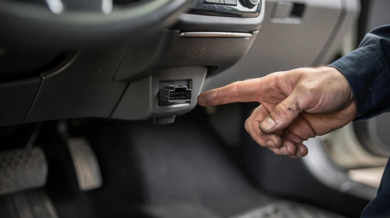 A mechanic's hand is pointing to an OBD-II port located underneath a car's dashboard, highlighting an essential component for vehicle diagnostics and data transmission. This port is crucial for connecting tracking devices that provide real-time data on the vehicle's performance and location.