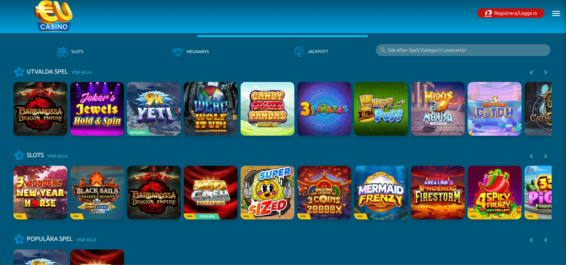 EUcasino spelutbud med över 5000 slots och filtrering för svenska spelare på svenskt licensierat online casino