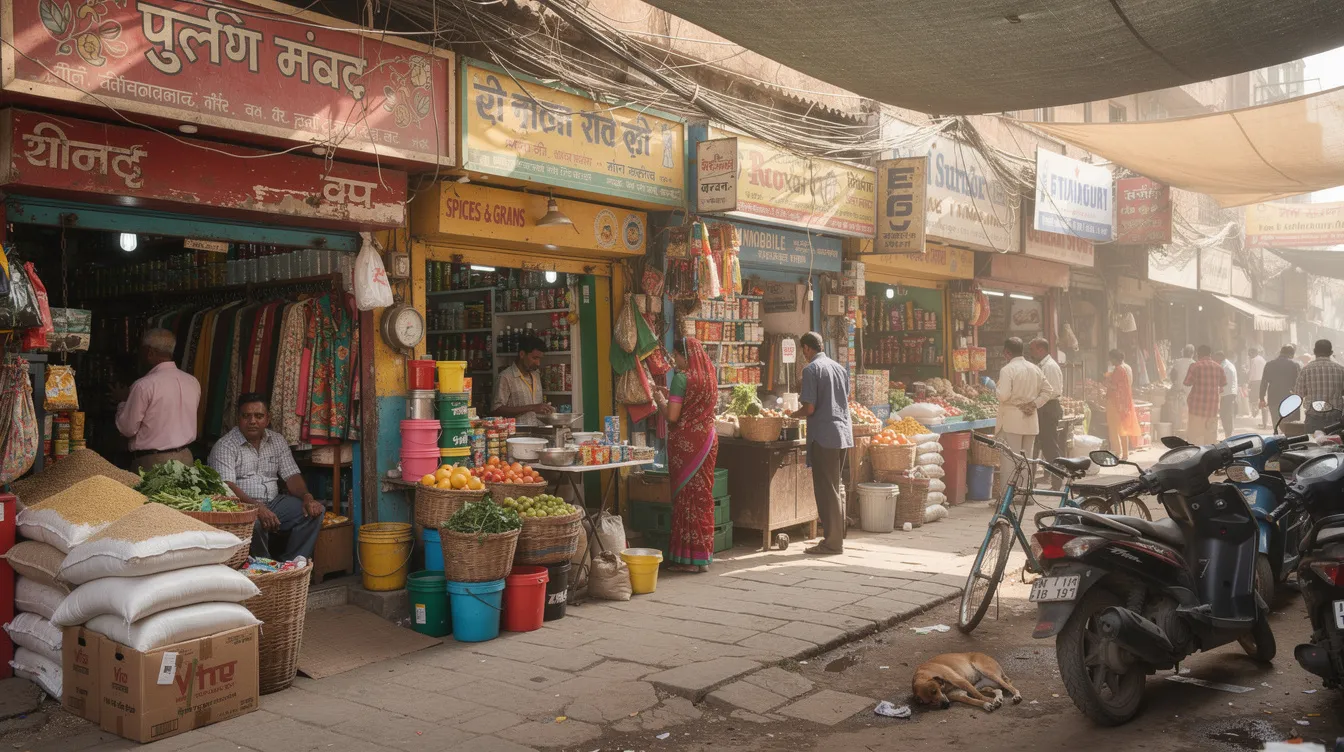 bf744735 ae83 4a0b ad9c 547cb482a41d The image depicts a bustling Indian market complex filled with numerous small shops lined up side by side, showcasing a variety of goods and services. This vibrant scene reflects the entrepreneurial spirit of micro enterprises engaged in trading and commerce, often supported by financial institutions through loans and financial assistance programs like the Mudra scheme.