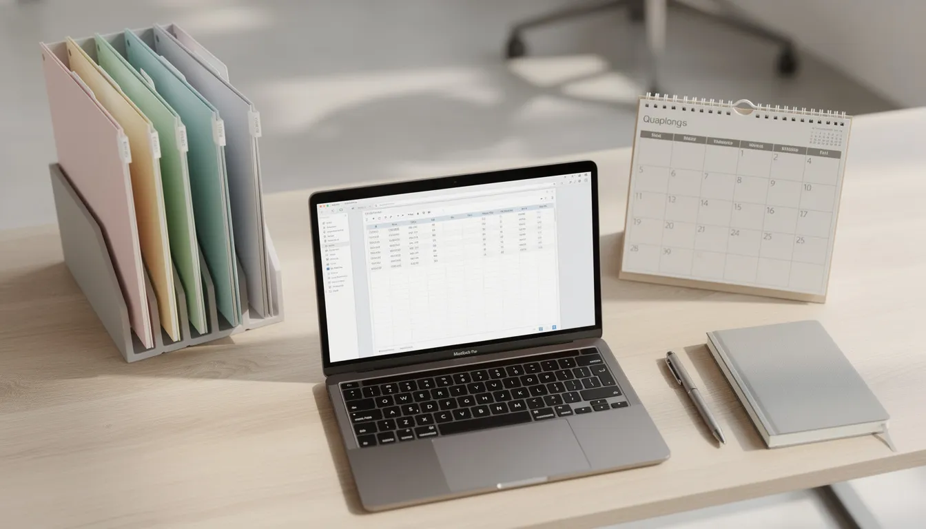 The image depicts an organized desk featuring a calendar, neatly arranged file folders, and a laptop displaying a spreadsheet, which could be useful for charitable organizations managing their fundraising activities and ensuring compliance with state laws regarding charitable solicitation registration. This setup suggests a professional environment focused on tracking donations and adhering to fundraising regulations.
